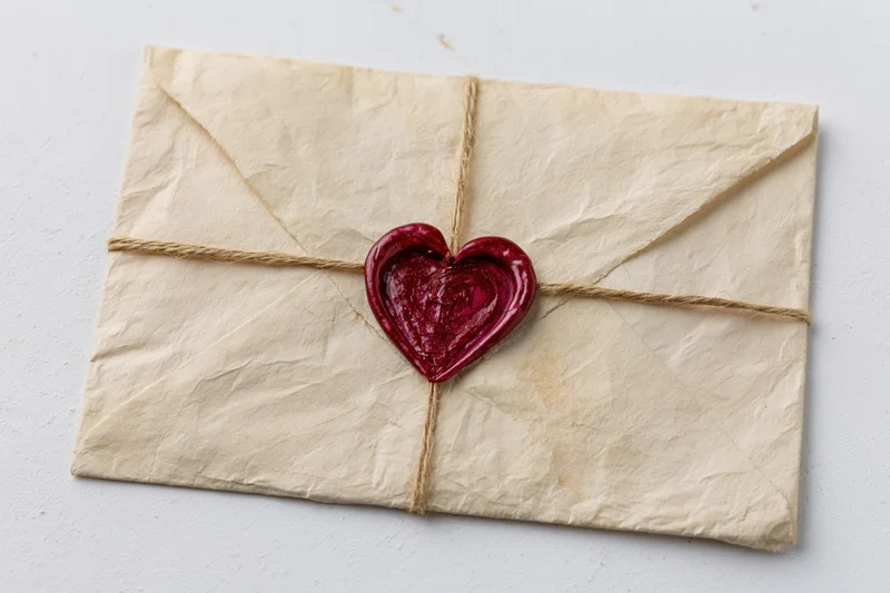 Aged parchment envelope sealed with red heart wax seal and twine on white surface