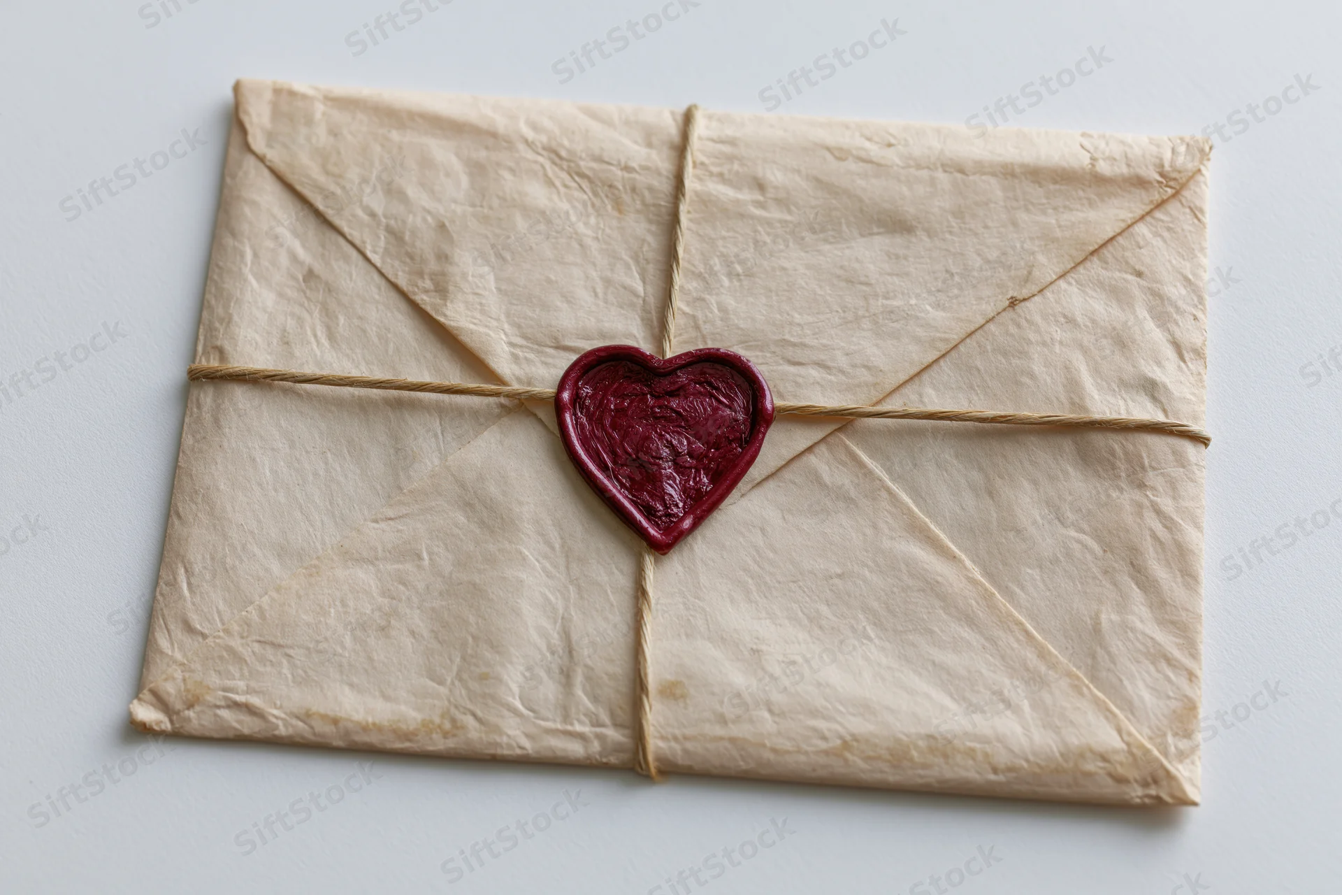 Aged parchment envelope sealed with red heart wax seal and twine on white surface