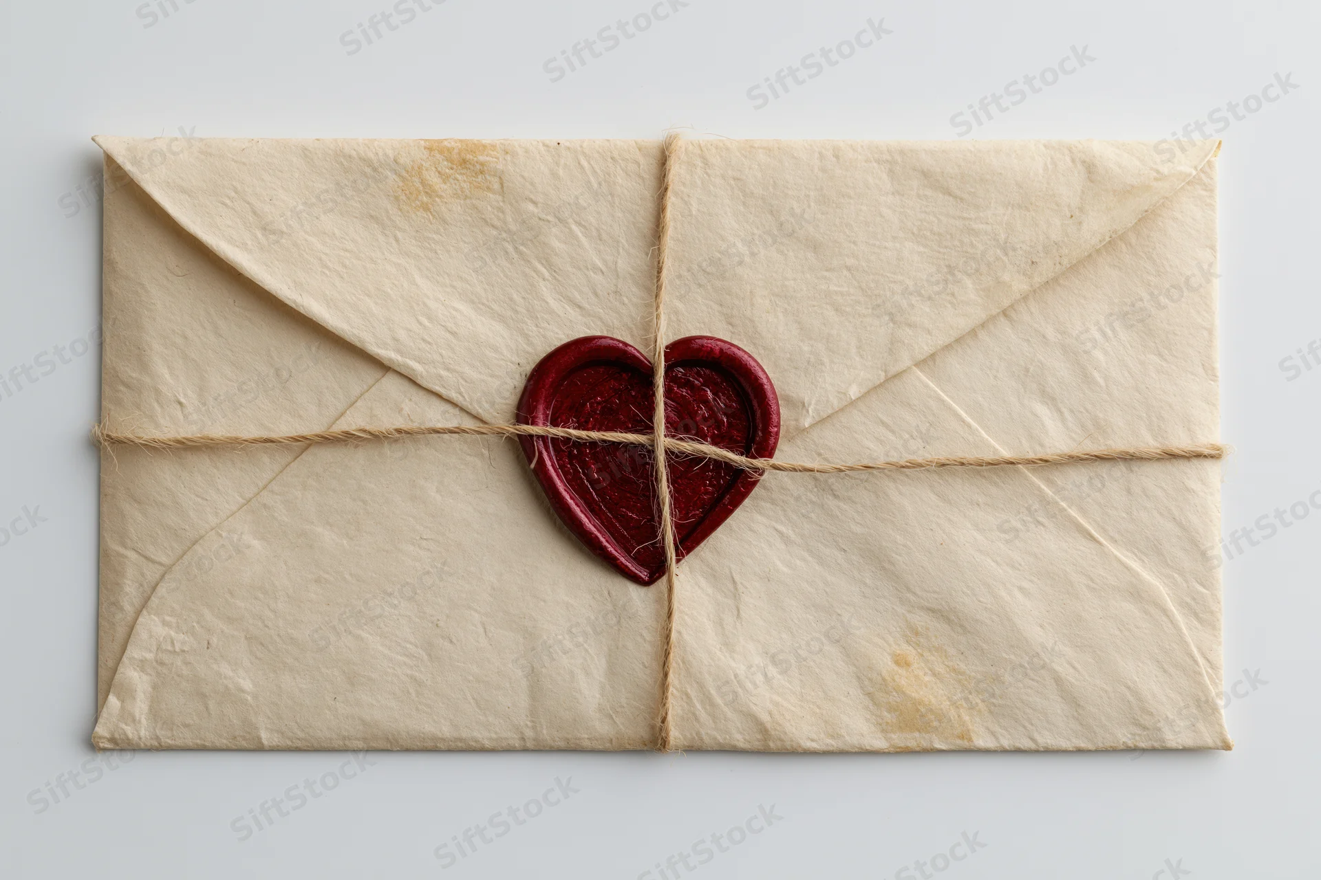 Aged parchment envelope sealed with red heart wax seal and twine on white background