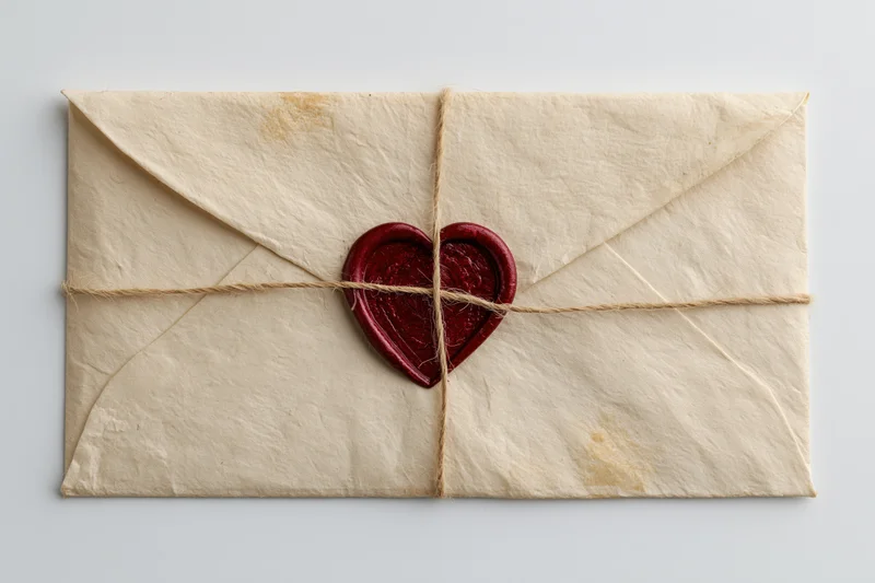 Aged parchment envelope sealed with red heart wax seal and twine on white background