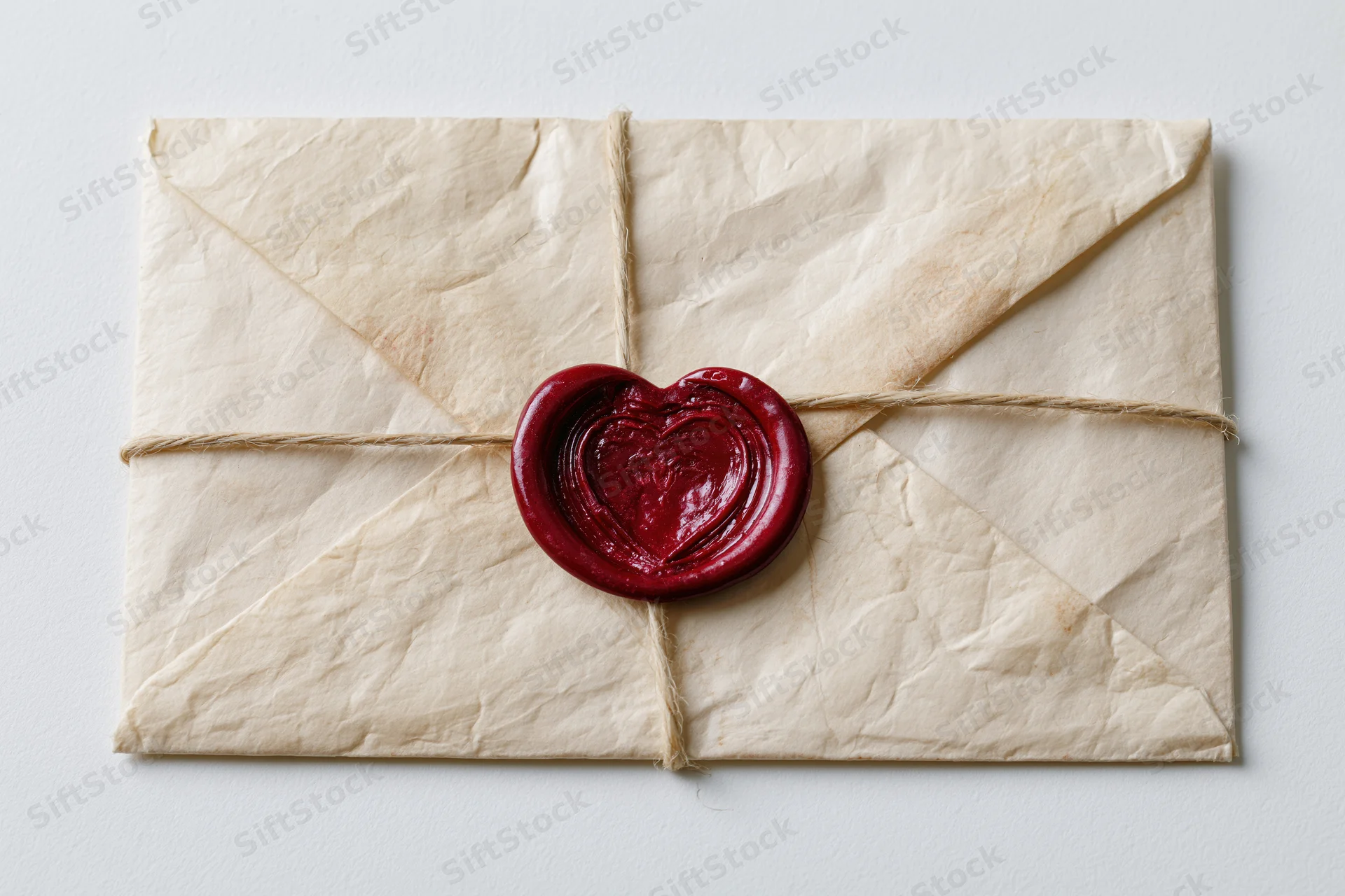 Aged cream parchment envelope sealed with red heart-shaped wax seal and twine on white background