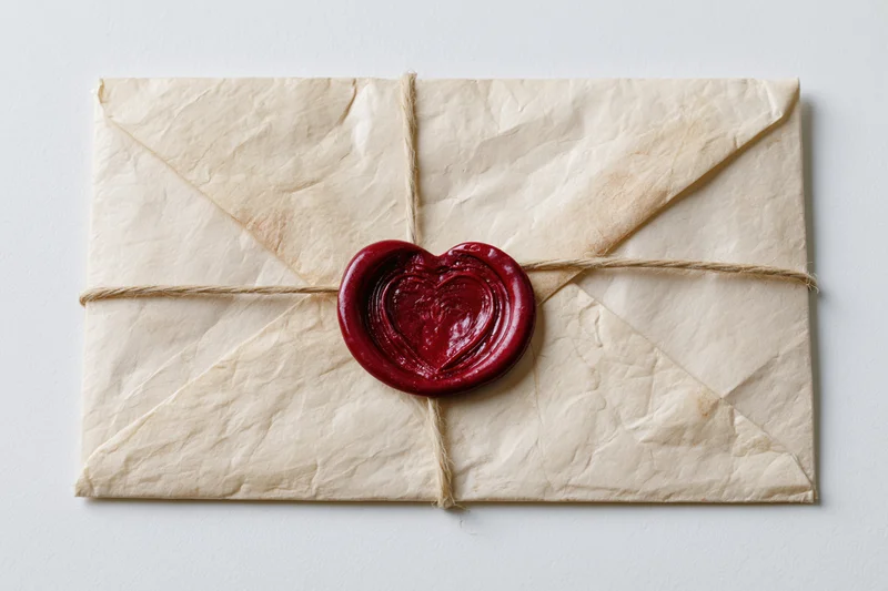 Aged cream parchment envelope sealed with red heart-shaped wax seal and twine on white background
