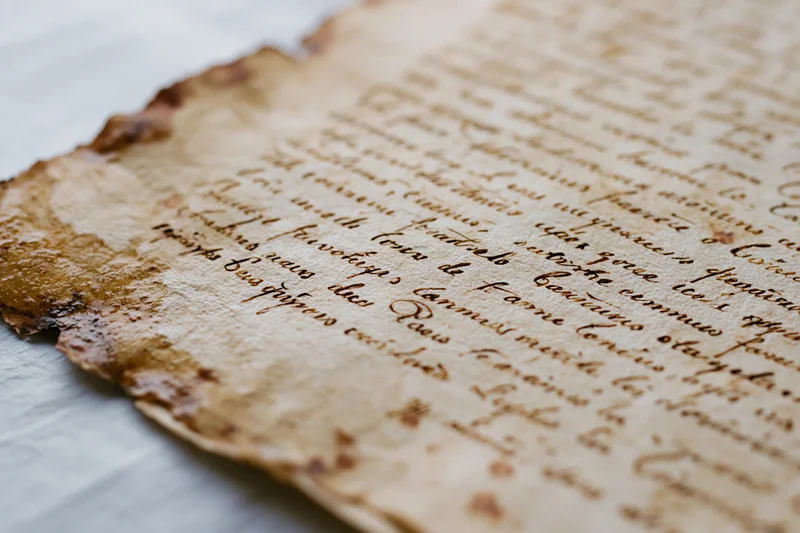 Close-up of an aged handwritten document in french cursive script with burnt edges and stains