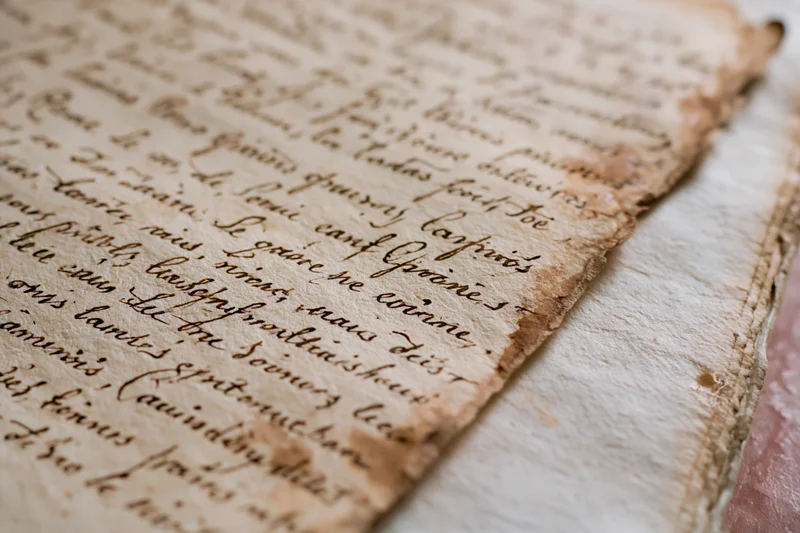 Close-up of aged handwritten french cursive document on parchment paper