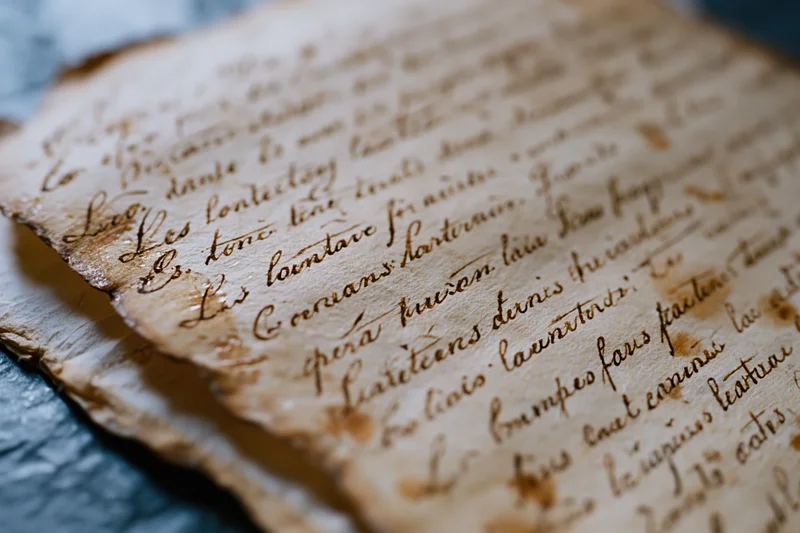 Close-up of aged handwritten french cursive document on weathered parchment paper