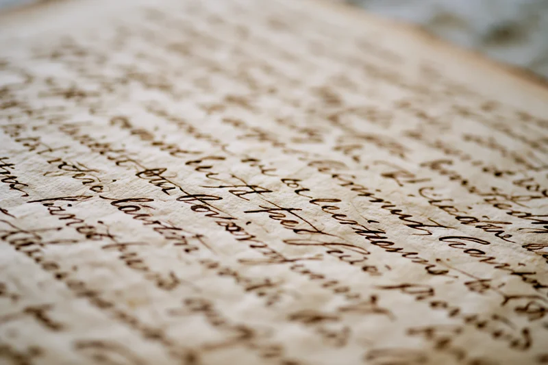 Close-up of aged handwritten letter in cursive script on textured paper