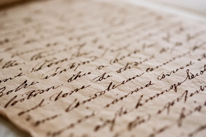 Close-up of an aged handwritten letter in cursive script on textured paper