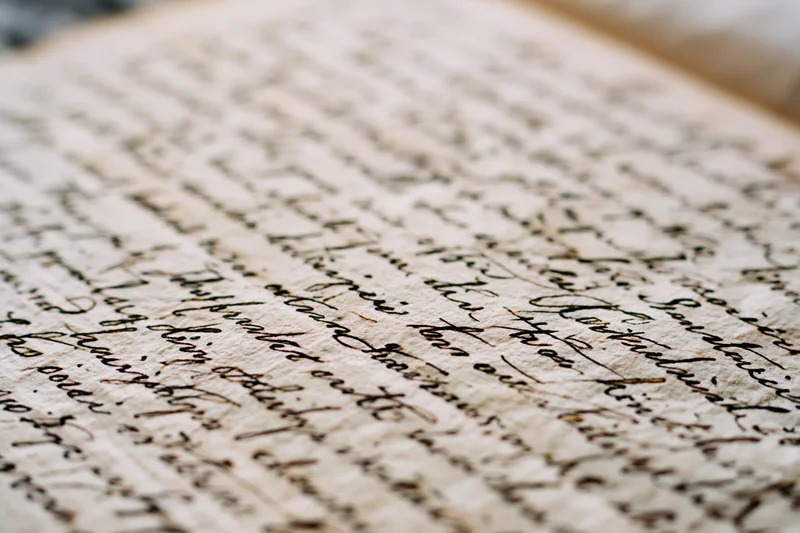 Close-up of aged handwritten letter in cursive script on textured paper