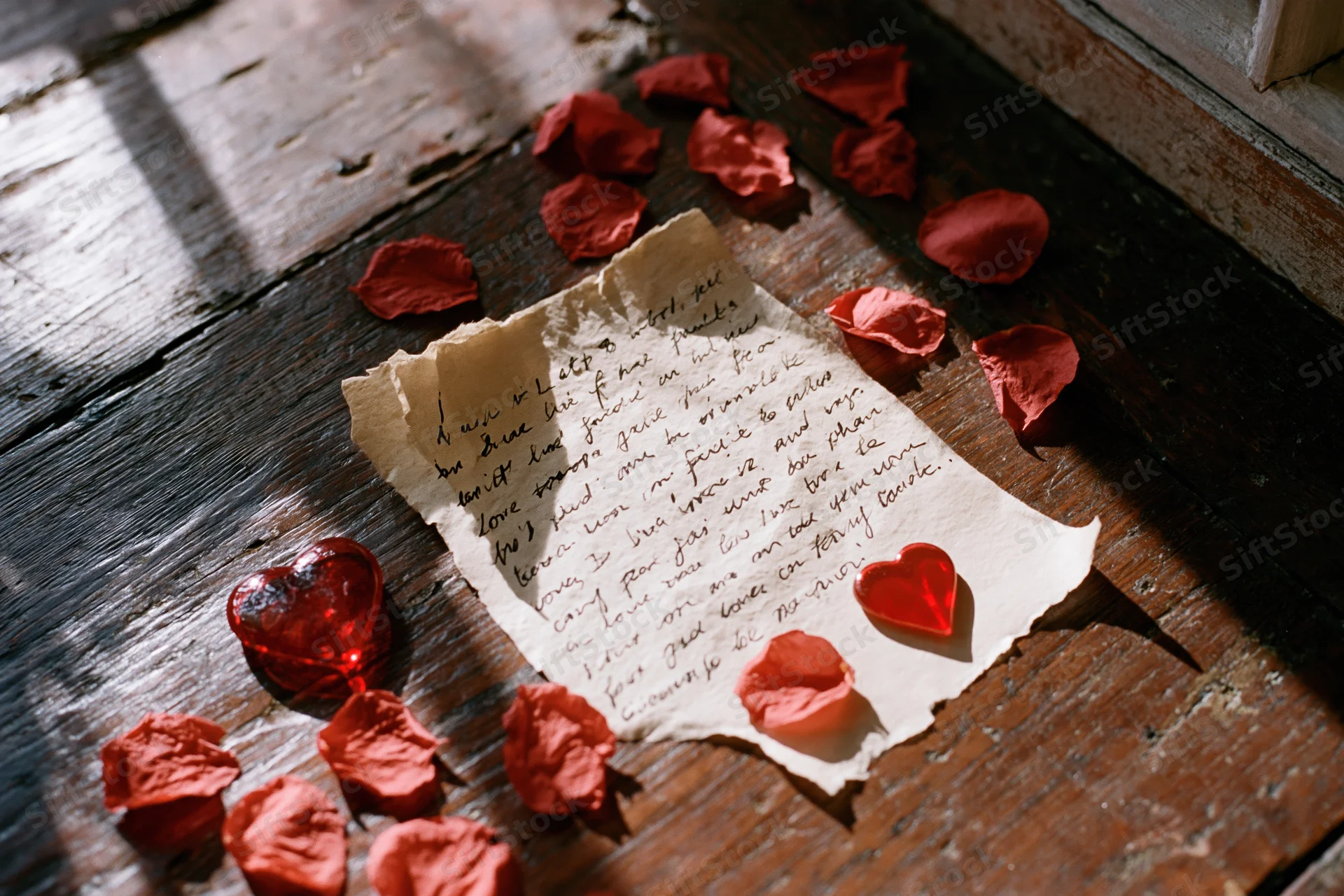 Aged handwritten love letter on torn parchment paper with red rose petals and heart-shaped glass decorations on wooden floor