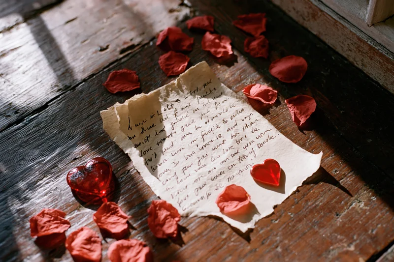 Aged handwritten love letter on torn parchment paper with red rose petals and heart-shaped glass decorations on wooden floor