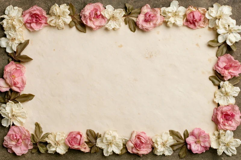 Dried pink and white roses arranged in a floral border around aged paper with copyspace