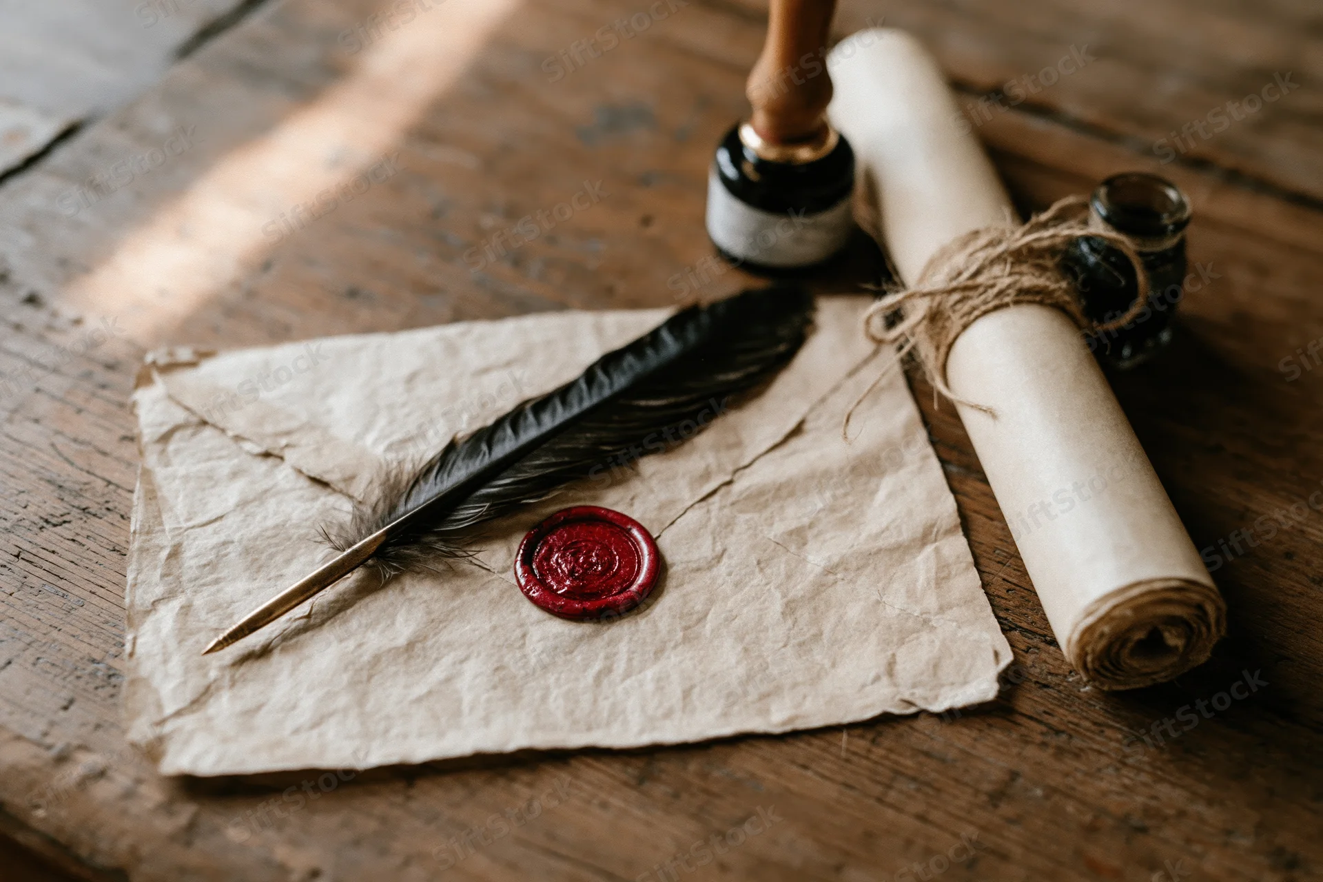Aged parchment envelope with red wax seal and dark quill feather on wooden table