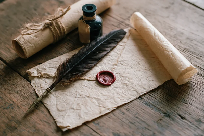 Aged parchment letter with red wax seal and dark quill pen on wooden table