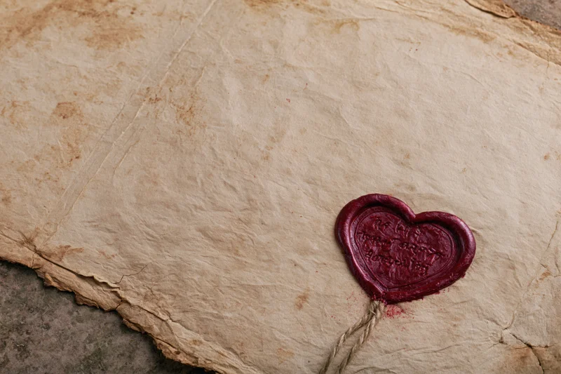 Aged parchment letter sealed with a red heart-shaped wax seal and twine