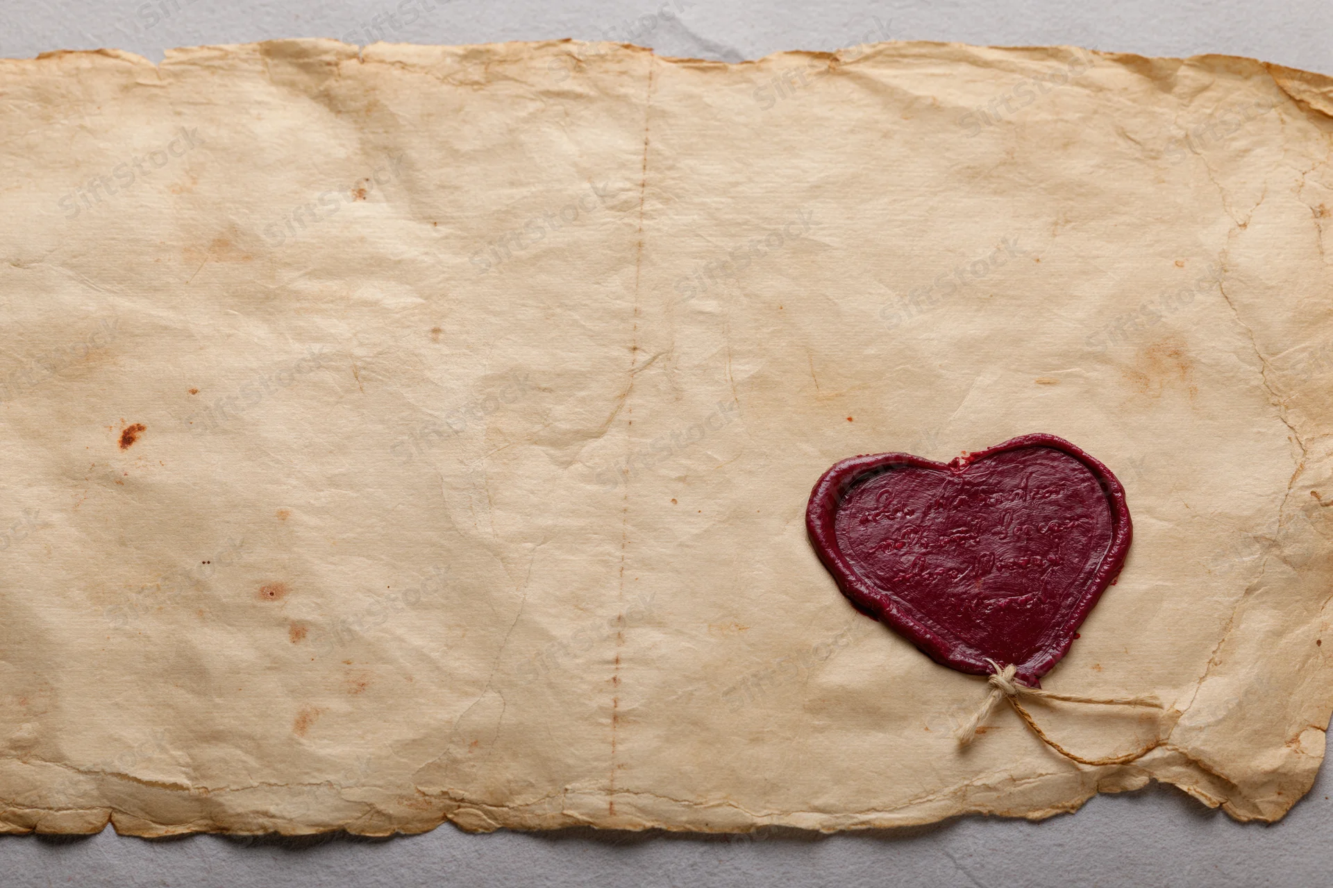 Aged parchment letter sealed with a red heart-shaped wax seal on a neutral surface