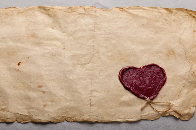 Aged parchment letter sealed with a red heart-shaped wax seal on a neutral surface