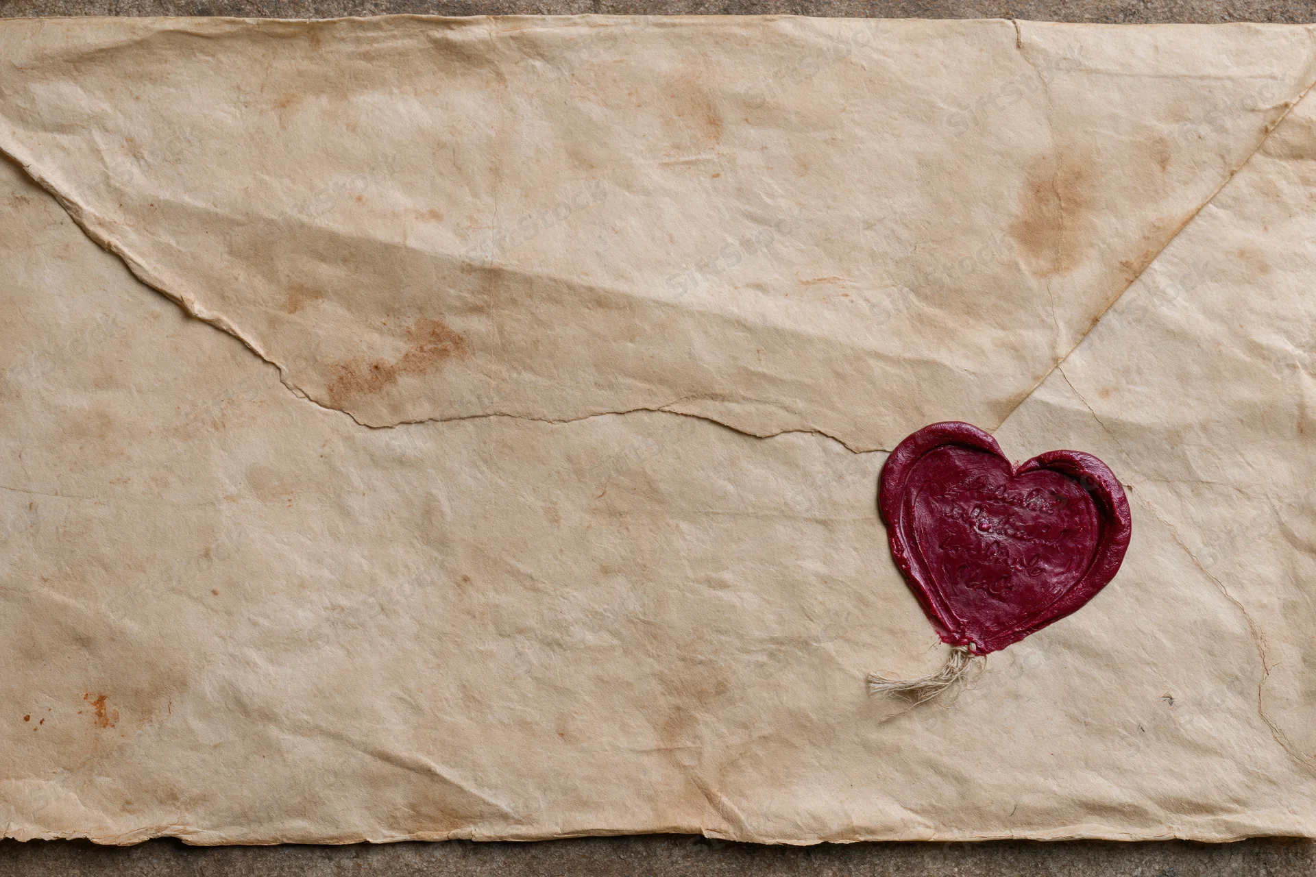 Aged parchment letter sealed with red heart-shaped wax seal lying flat on textured surface