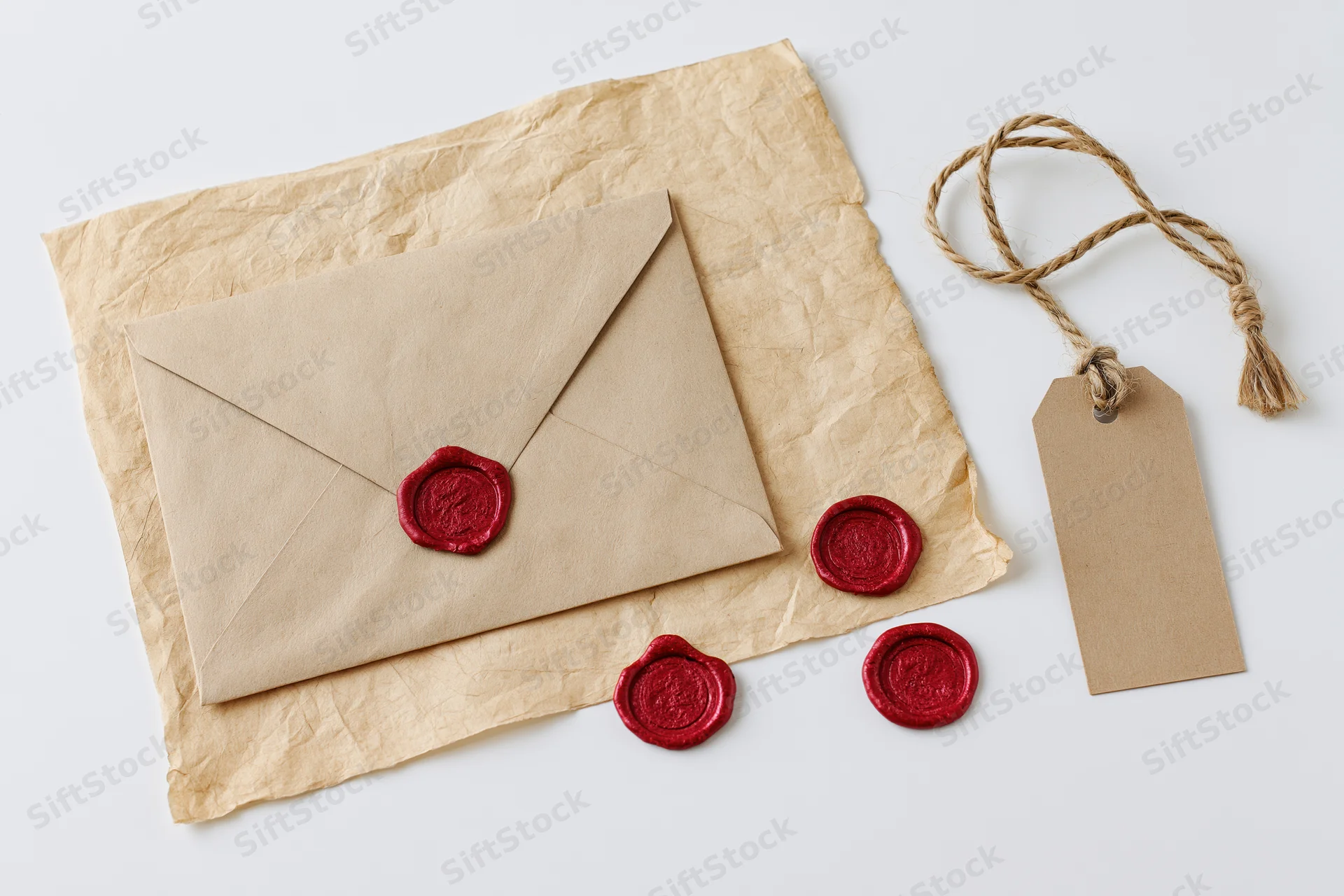 Vintage kraft envelope with red wax seal on aged parchment paper beside a twine tag