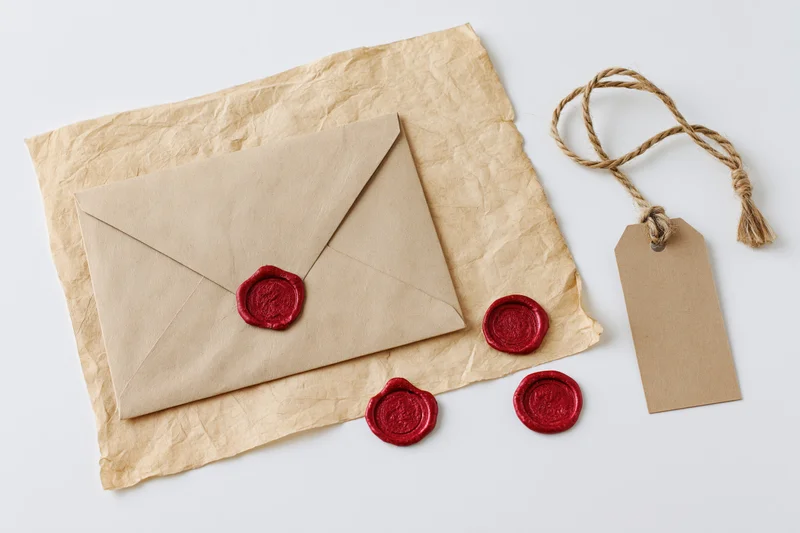 Vintage kraft envelope with red wax seal on aged parchment paper beside a twine tag