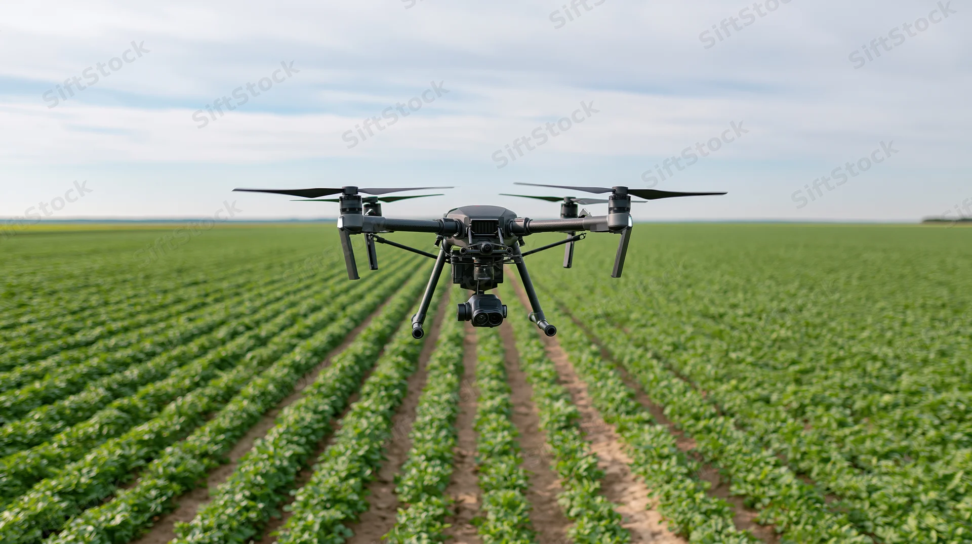 Drone hovering over rows of green crops in a vast agricultural field