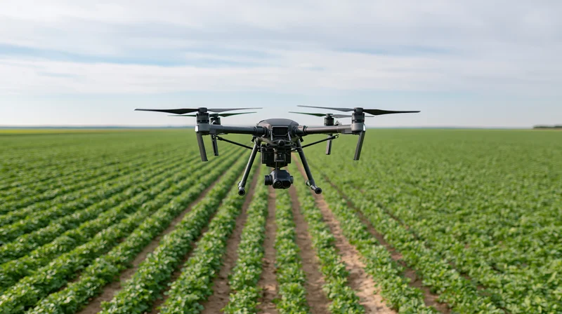 Drone hovering over rows of green crops in a vast agricultural field
