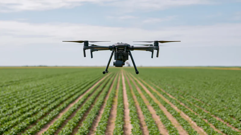 Agricultural drone hovering low over a crop field with crops