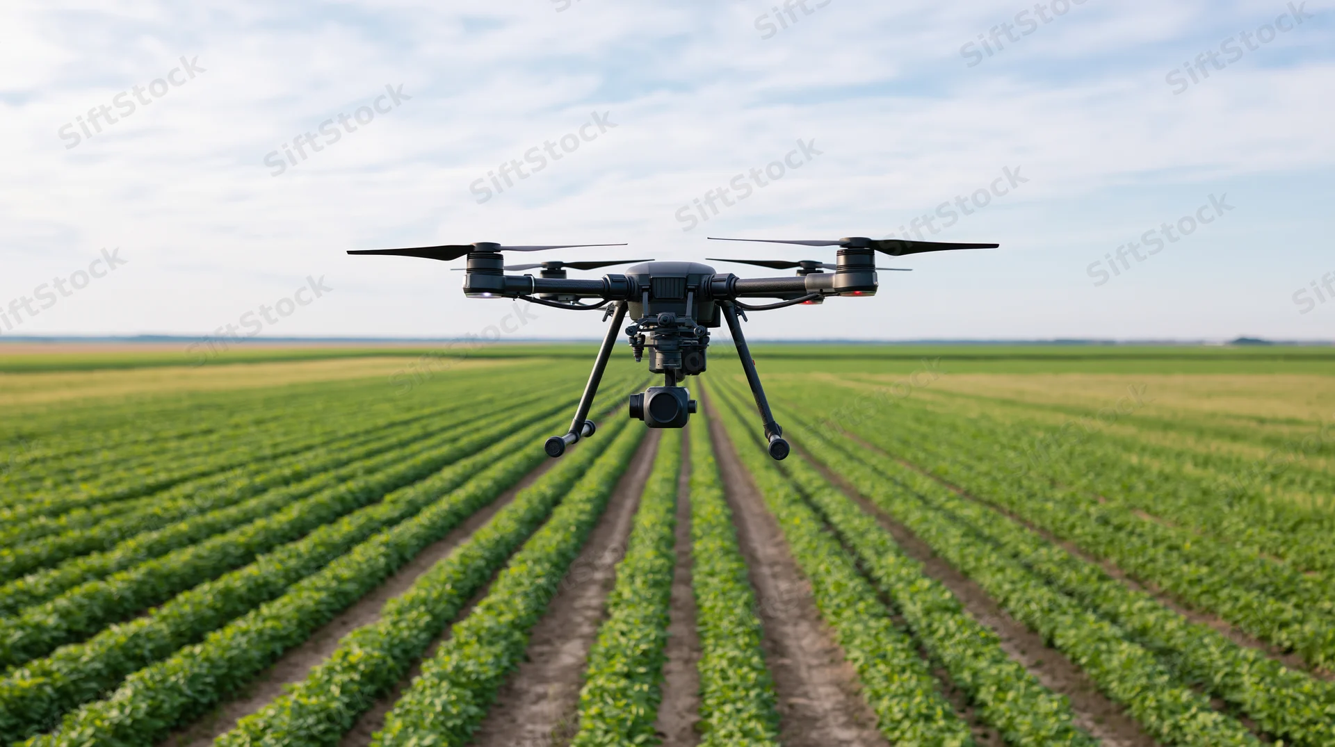 Drone hovering low over rows of green crops in a vast agricultural field
