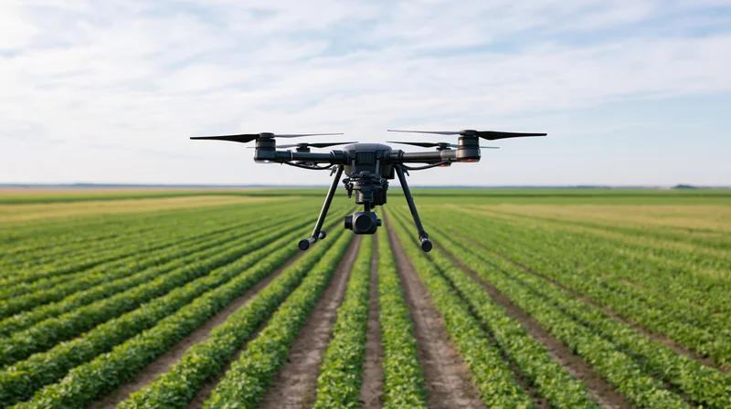 Drone hovering low over rows of green crops in a vast agricultural field