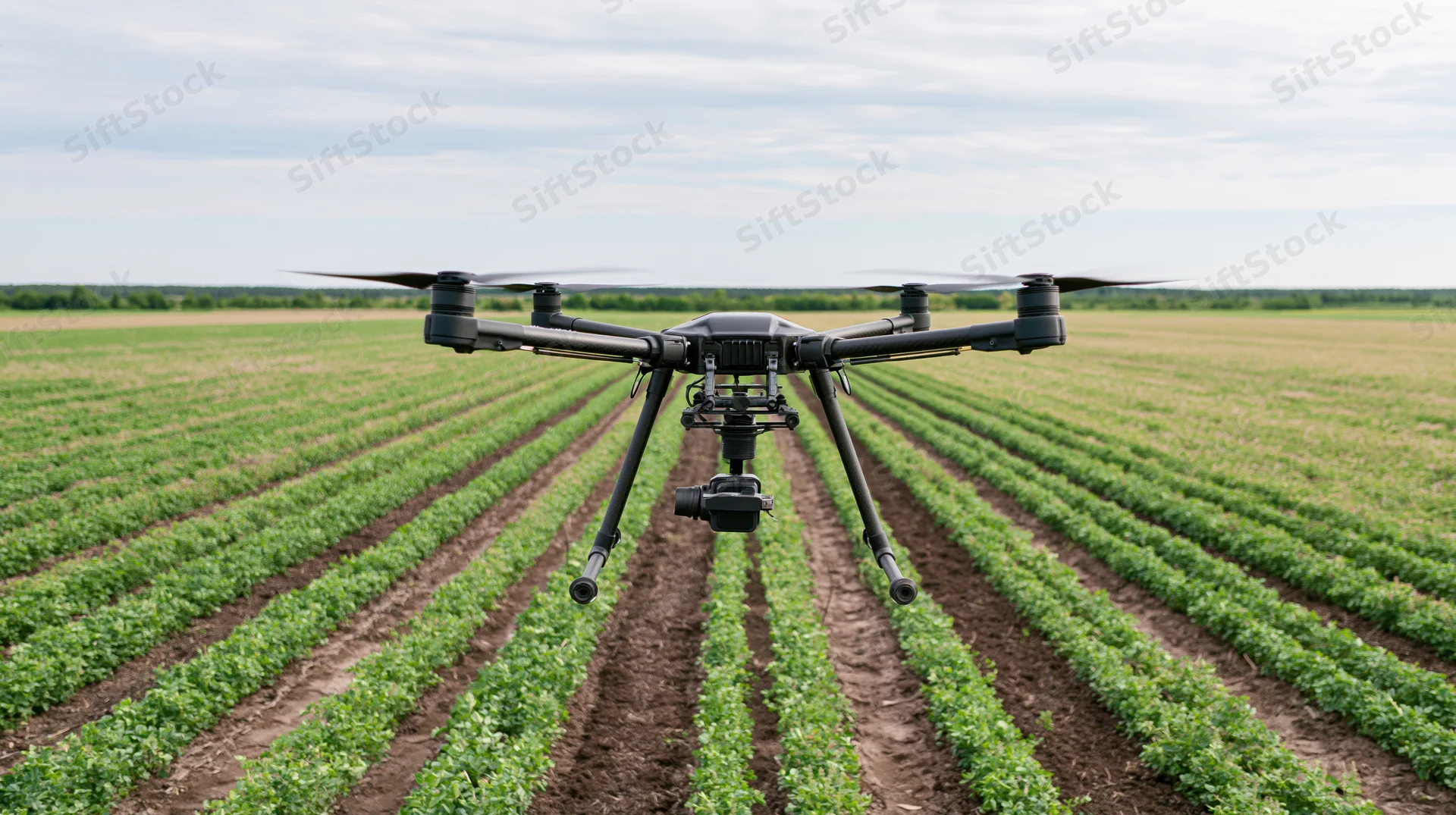 Hexacopter drone hovering low over rows of crops in a farm field