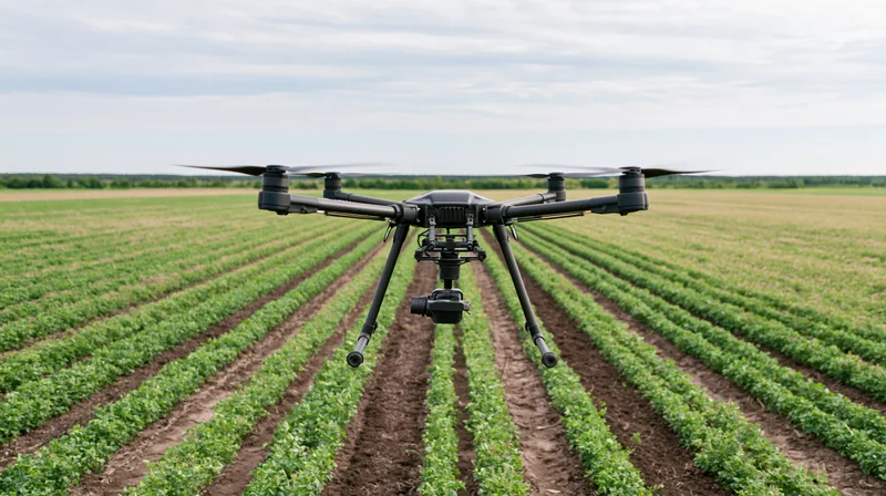Hexacopter drone hovering low over rows of crops in a farm field