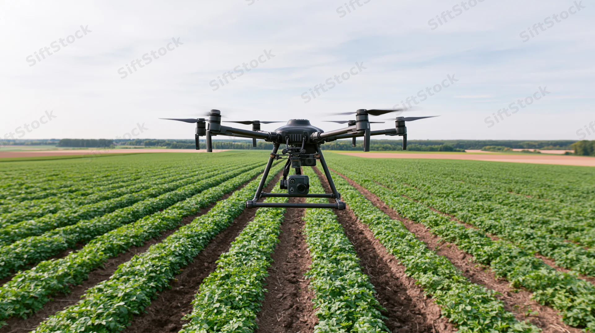 Hexacopter drone hovering low over rows of green soybean crops in a rural field