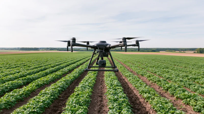 Hexacopter drone hovering low over rows of green soybean crops in a rural field