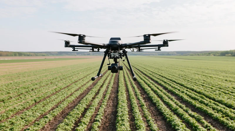 Hexacopter drone hovering low over rows of crops in a farm field