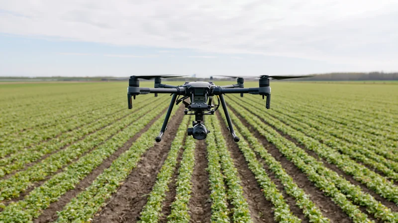 Hexacopter drone hovering low over rows of green crops in a farm field