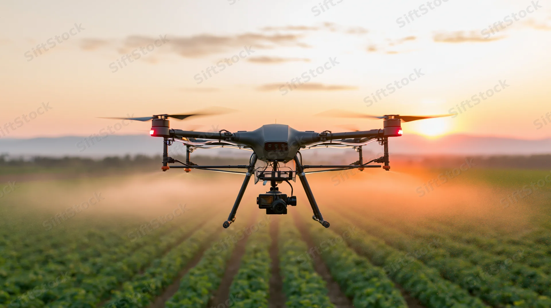 Hexacopter drone flying over rows of crops in a field at sunset