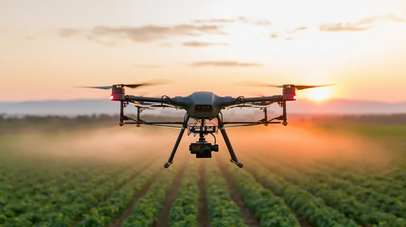 Hexacopter drone flying over rows of crops in a field at sunset