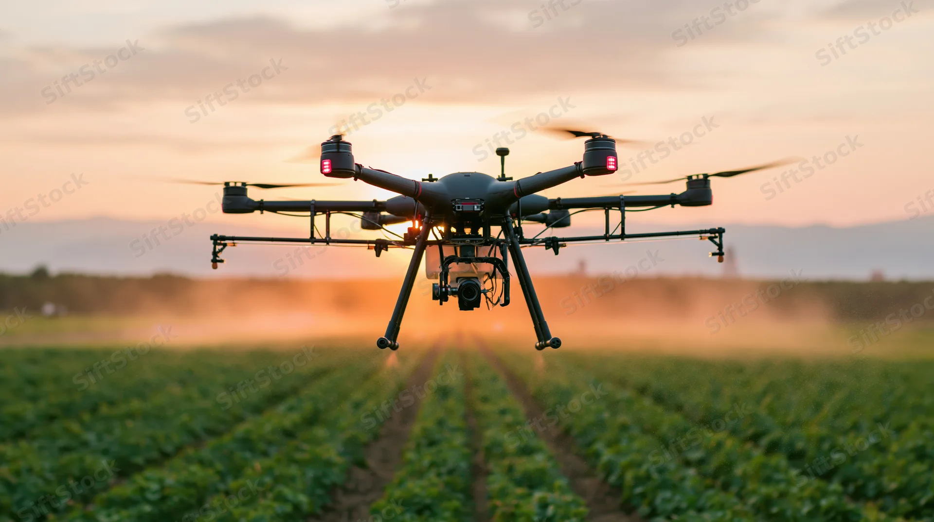 Hexacopter drone with sprayer flying over rows of crops in a field at sunset