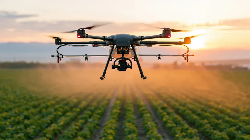 Hexacopter drone flying over rows of crops in a field at sunset