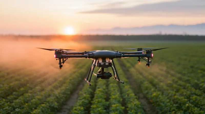 Hexacopter drone with sprayer flying over crop field at sunset