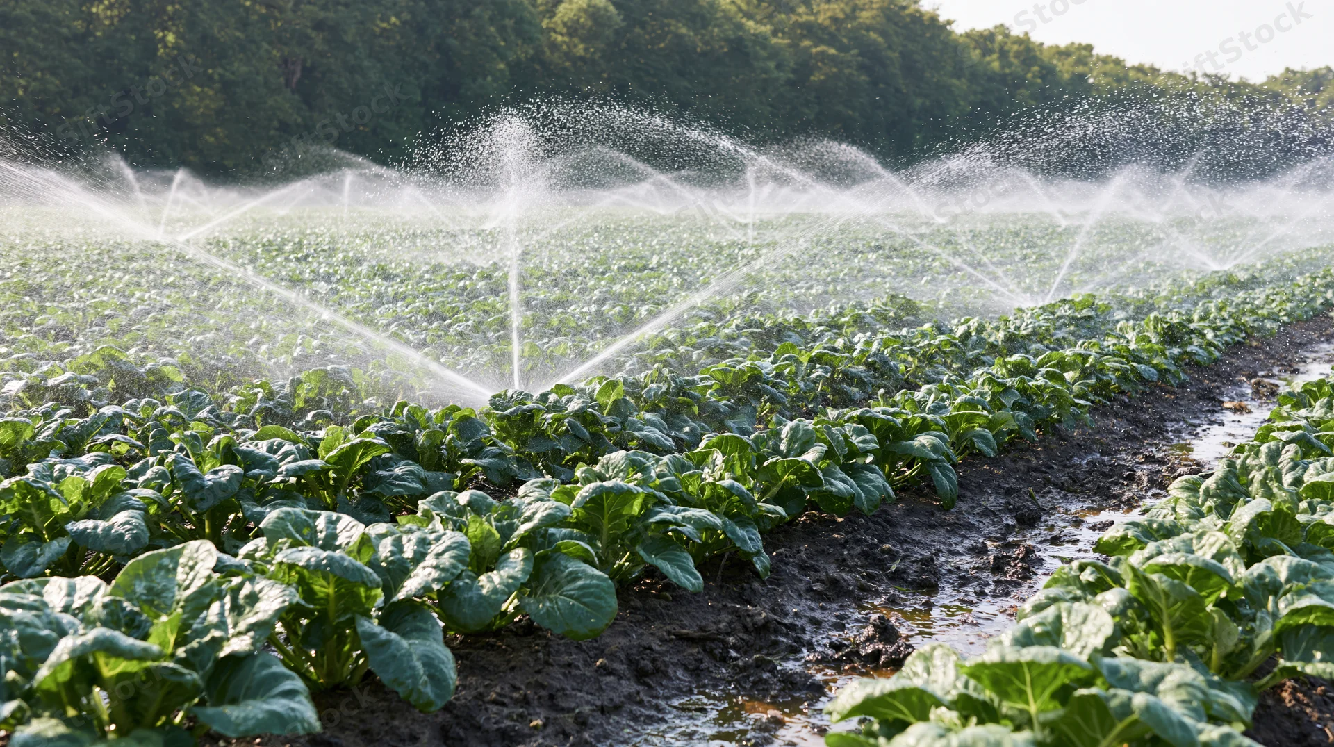 Sprinkler system watering rows of leafy green crops in a farm field