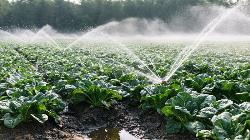 Sprinkler system watering rows of leafy green crops in an open field