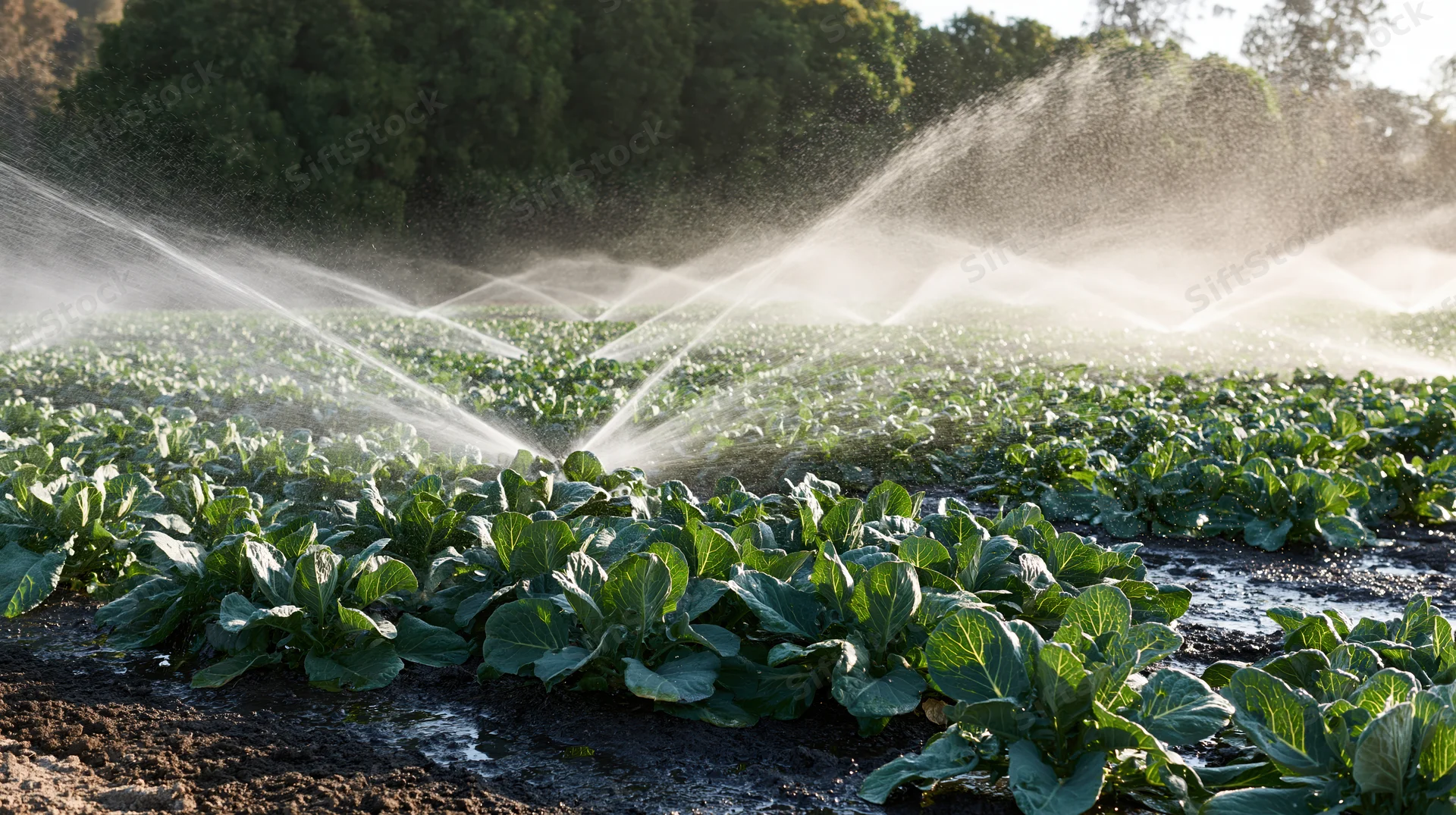 Sprinkler system watering rows of cabbage plants in a farm field