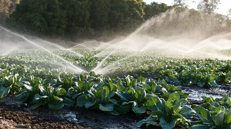 Sprinkler system watering rows of cabbage plants in a farm field