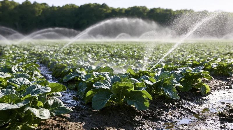 Sprinkler system watering rows of cabbage plants in a farm field
