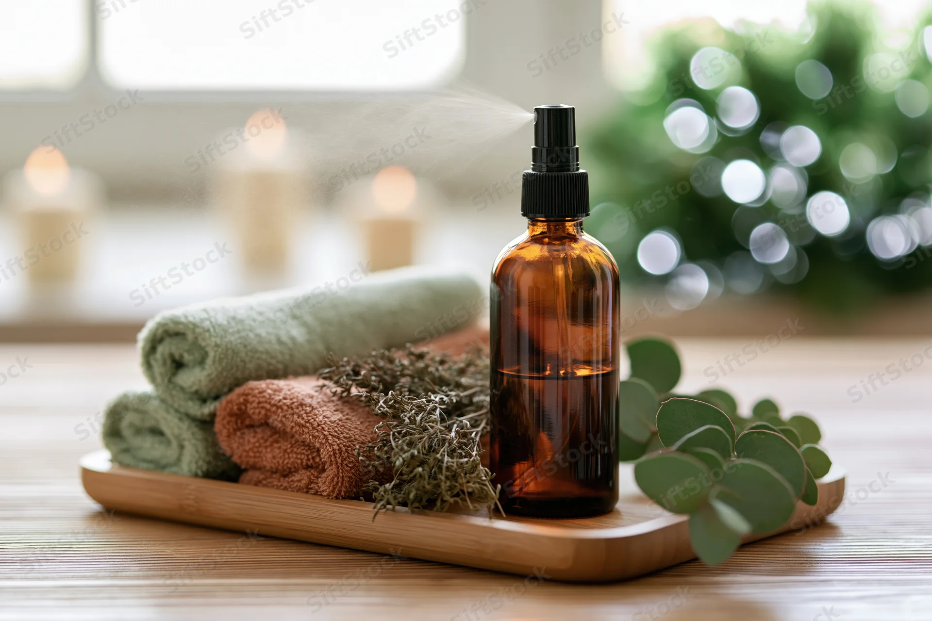 Amber spray bottle misting on wooden tray with towels and herbs in a spa setting
