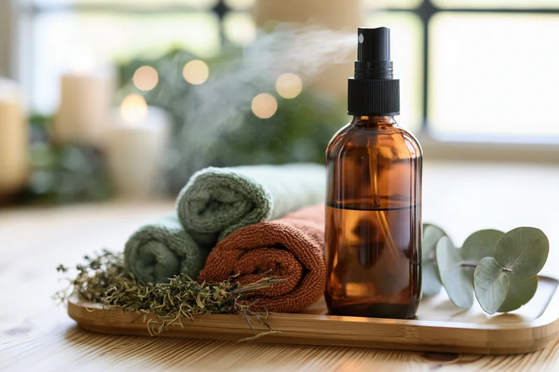 Amber spray bottle misting on wooden tray with rolled towels and herbs