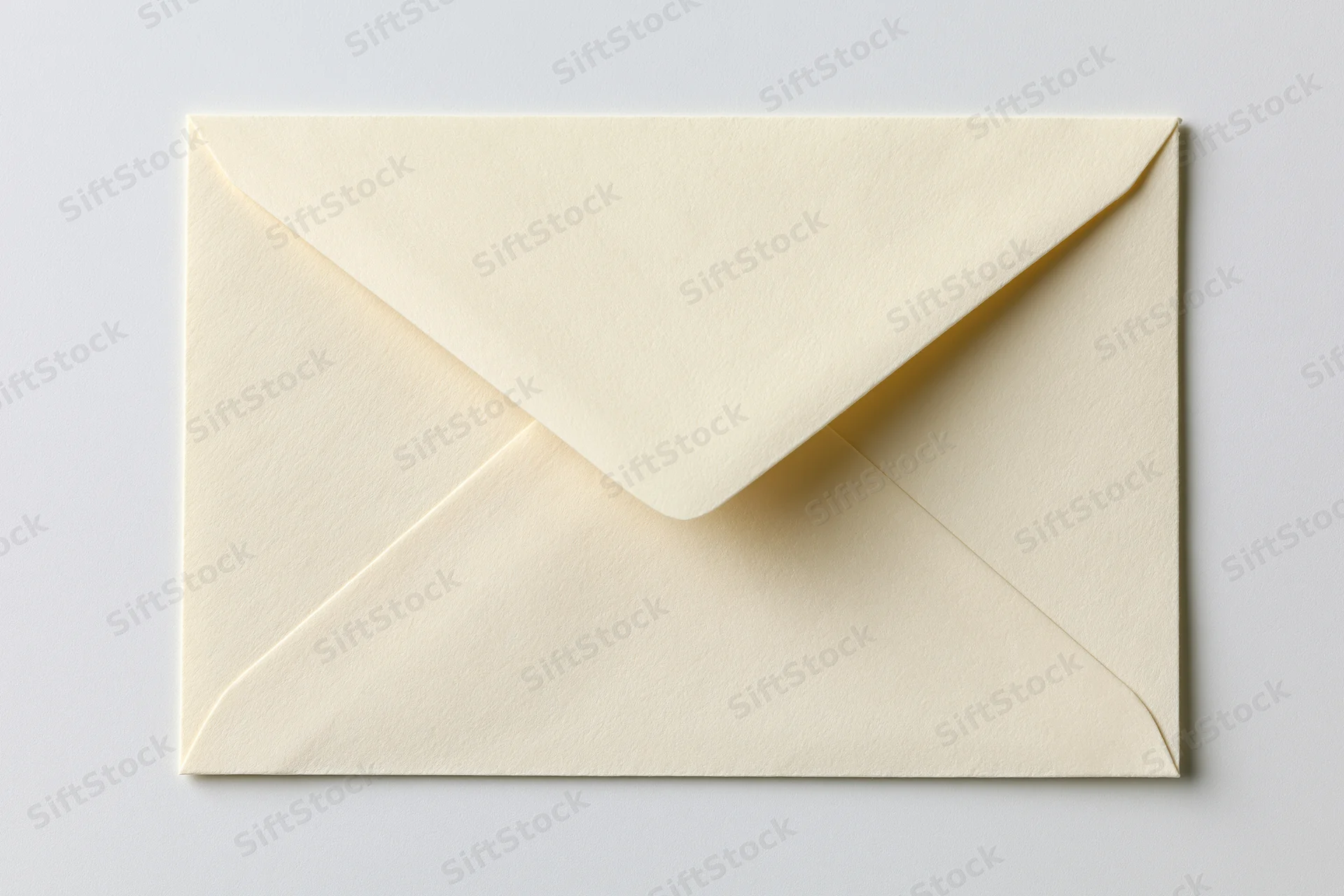 Open cream-colored paper envelope with triangular flap on white background