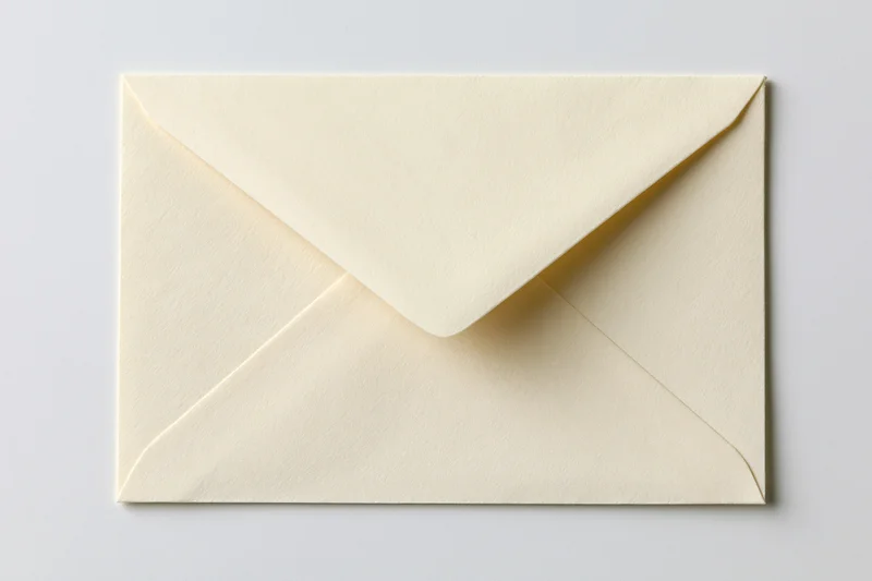 Open cream-colored paper envelope with triangular flap on white background