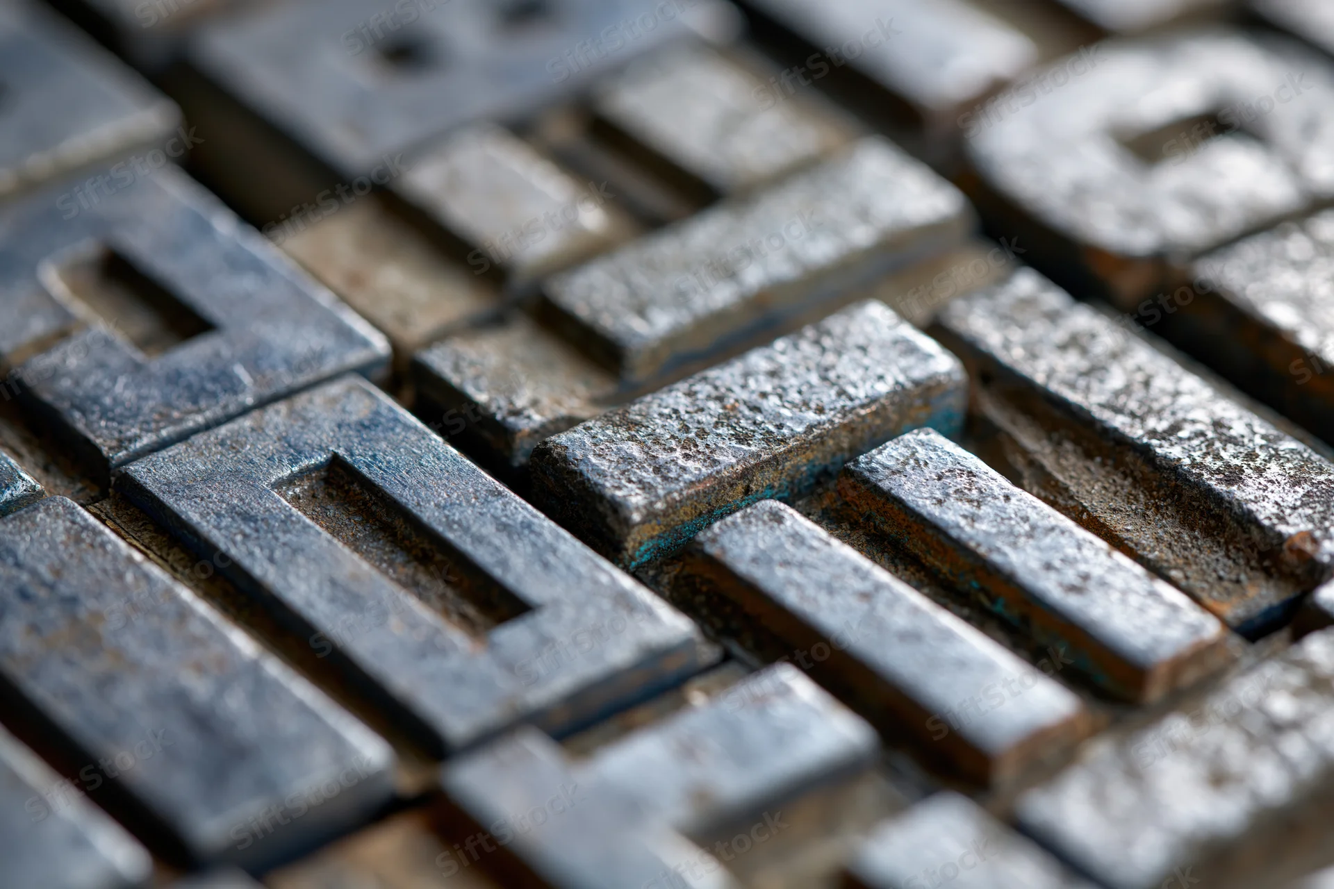 Closeup of antique metal letterpress type blocks arranged in dense composition