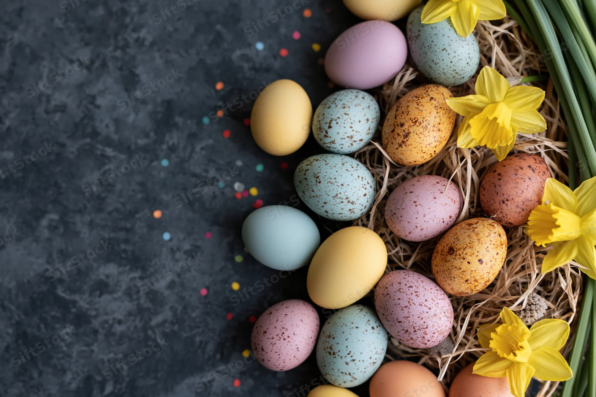 Colorful easter eggs and daffodils arranged in a nest on dark stone surface with confetti and copyspace